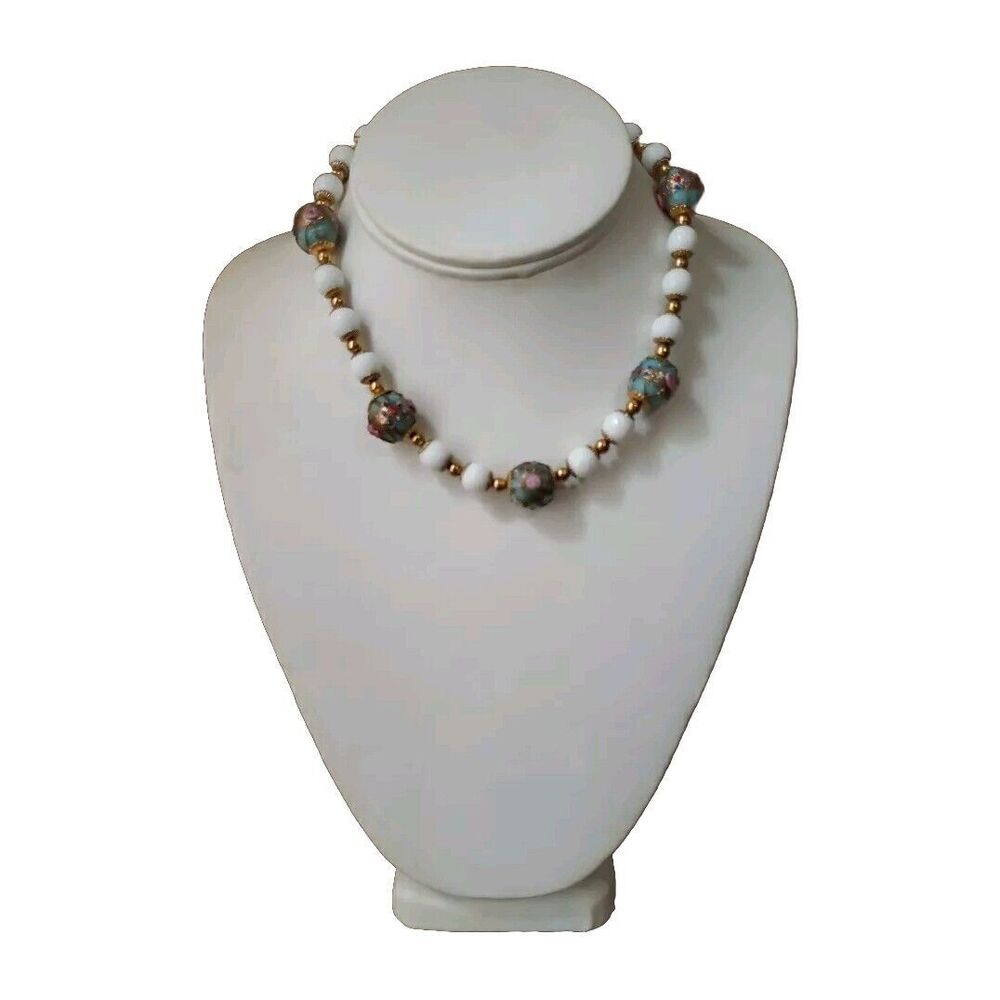 Vintage 16” Venetian Murano Wedding Cake Art Glass Beads Necklace Blue White